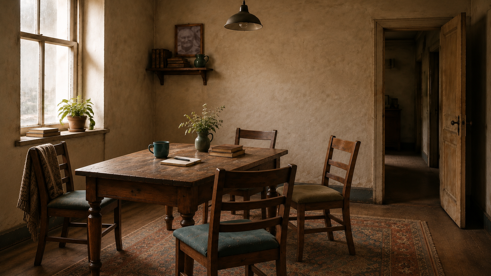 A warm, worn room with several chairs gathered casually around a wooden table, suggesting an open invitation to come and sit together.